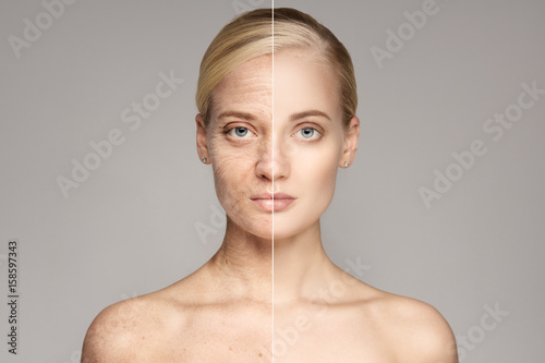 Portrait Of Old and Young Blond Woman. Ageing concept.