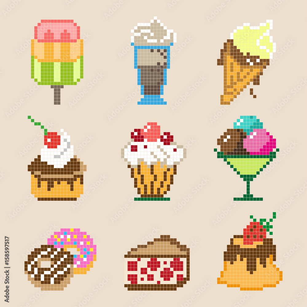 Naklejka premium Set of different pixel sweets. Vector illustration