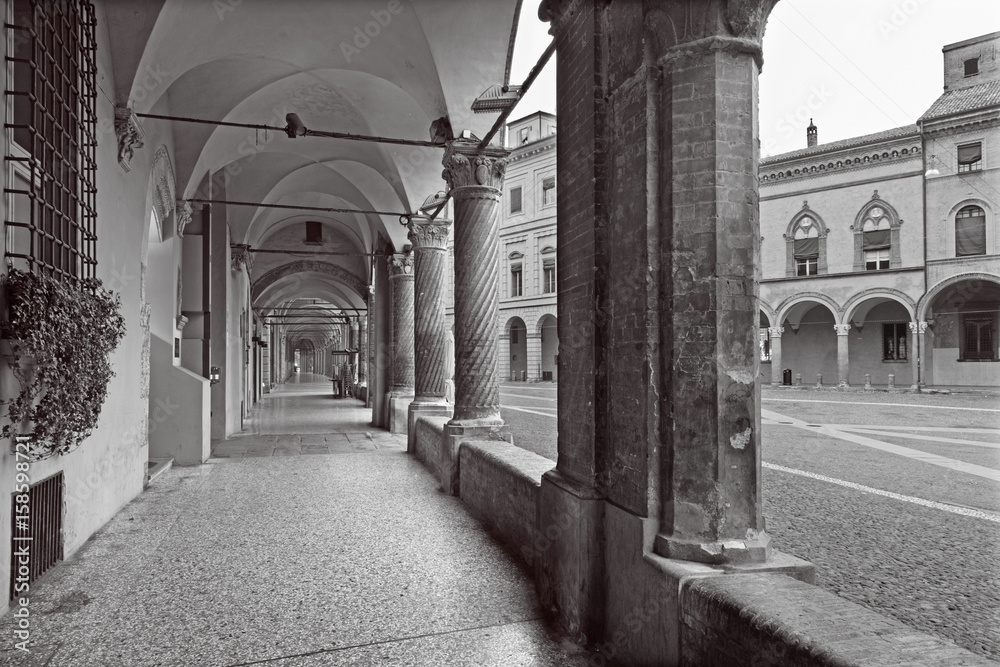 Bologna - The porticoes of Saint Stephen square or Piazza San Stefano in morning.