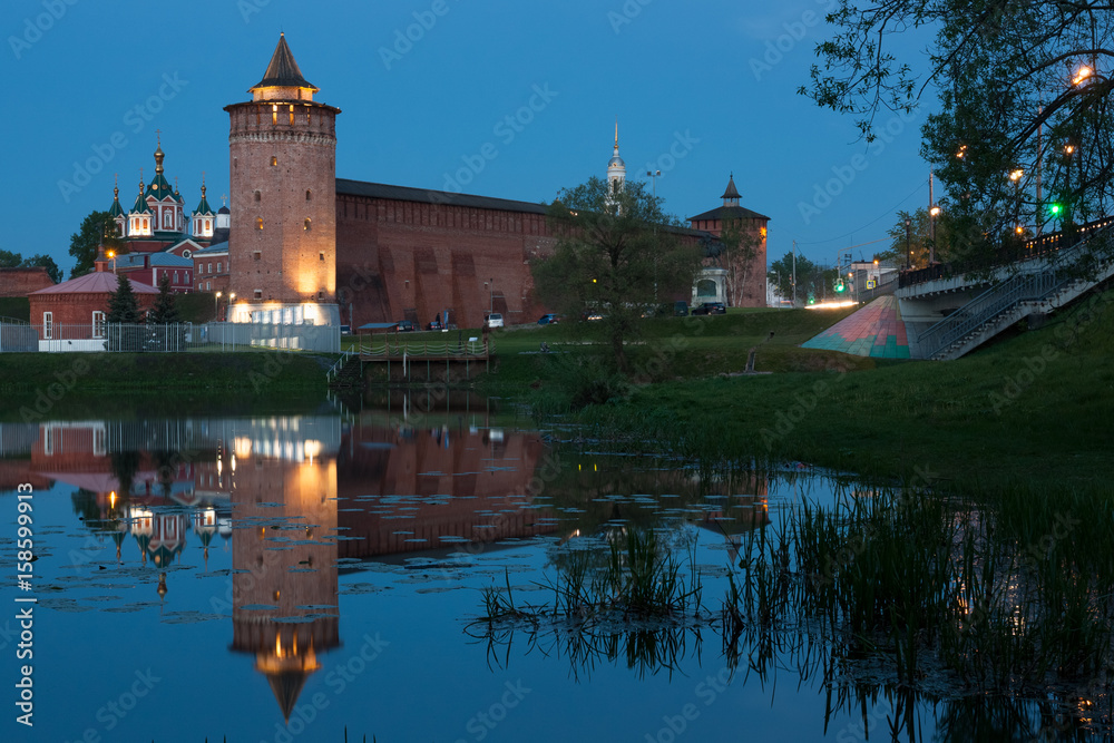 Marinkin Tower Of Kremlin. View From River Kolomenka In Kolomna, Moscow Region. In Blue Hour Of Evening.
