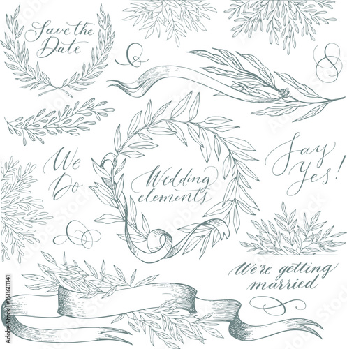 Vector collection of hand drawn design elements and objects. Vintage floral elements. Wedding style