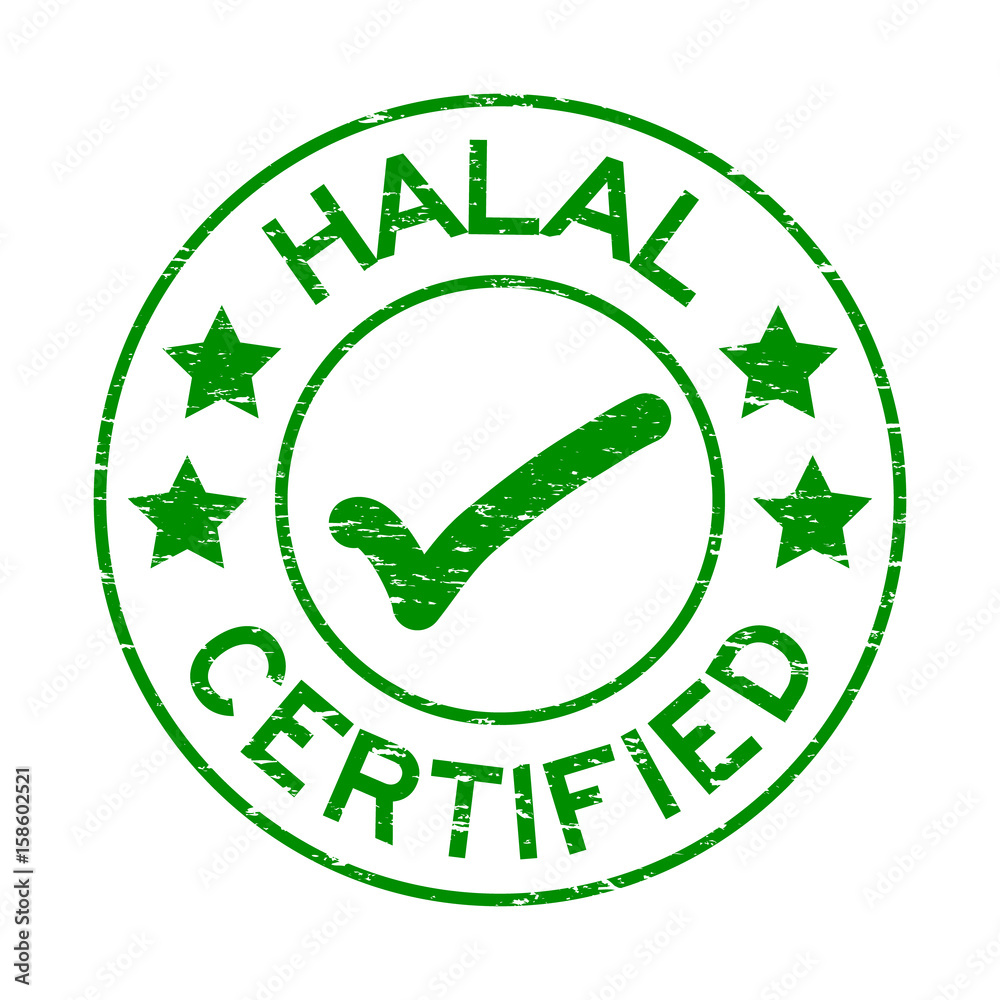 Grunge green Halal certified with mark icon round rubber seal stamp on white background Grunge green Halal certified with mark icon round rubber seal stamp on white background