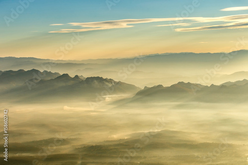 Layer of mountains and mist at sunset time, Landscape at Doi Luang Chiang Dao, High mountain in Chiang Mai Province, Thailand