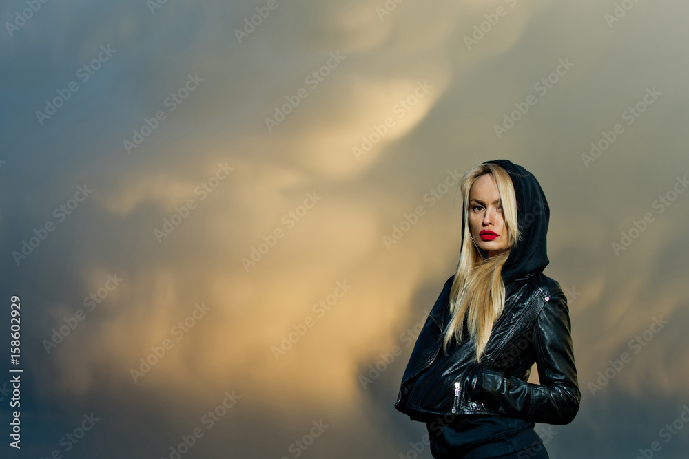 girl with red lips in leather jacket girl with red lips in leather jacket