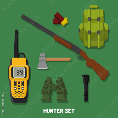 Hunting. A set of hunter items. Vector illustration, flat, cartoon style