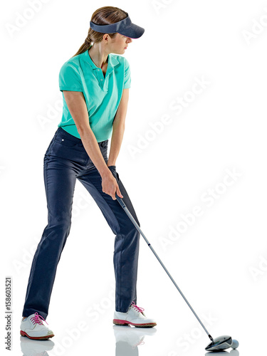 one caucasian woman woman golfer golfing in studio isolated on white background