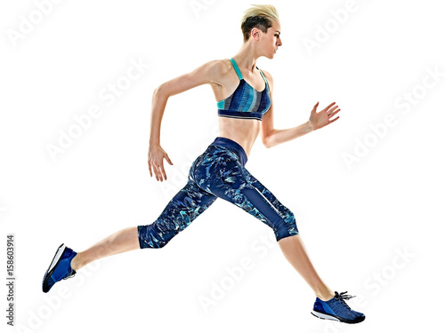 one young caucasian woman runner running jogger jogging studio isolated in white background