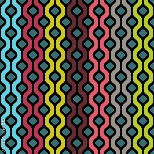 Vector seamless pattern. Abstract  geometric background of colored wavy bands with black stroke. It can be used for printing on fabric, wrapping