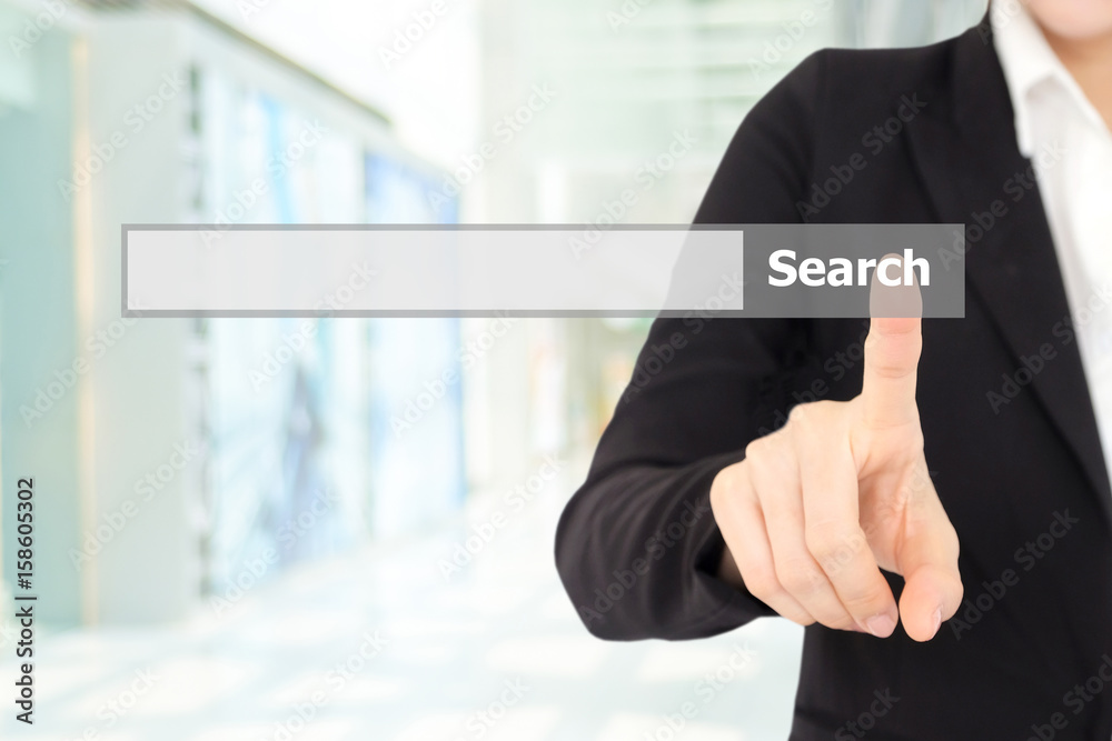 Businesswoman hand touching blank search bar over blur background, business and technology concept, search engine optimization, web banner Businesswoman hand touching blank search bar over blur background, business and technology concept, search engine optimization, web banner