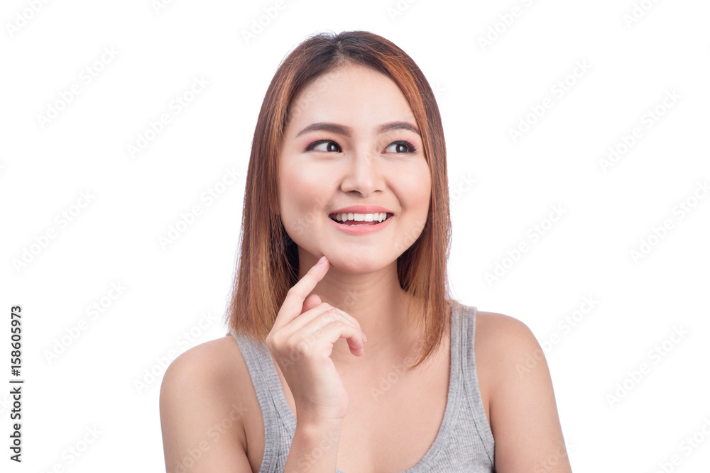 attractive asian woman thinking isolated on white background attractive asian woman thinking isolated on white background