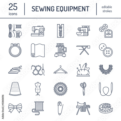 Sewing equipment, tailor supplies flat line icons set. Needlework accessories - sewing embroidery machine, pin, needle, thread, zipper, hanger and other DIY tools. Linear signs set, logos for hand