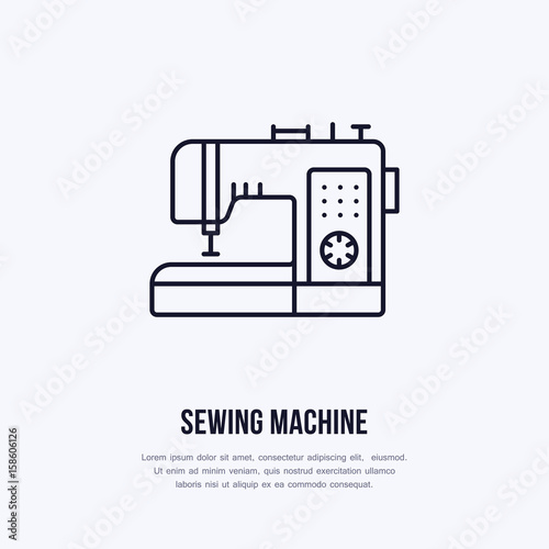 Sewing machine flat line icon, logo. Vector illustration of tailor supplies for hand made shop or dressmaking service.