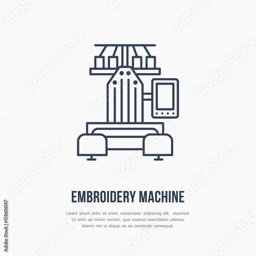 Sewing embroidery machine flat line icon, logo. Vector illustration of tailor supplies for hand made shop or dressmaking service.