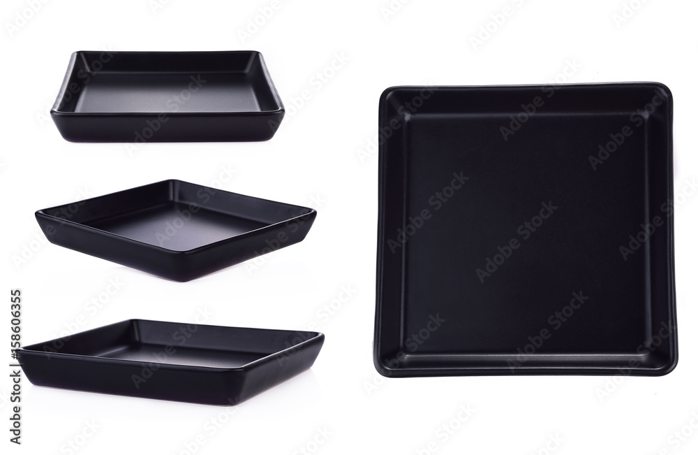 Black plate isolated on white background with different angle of view Black plate isolated on white background with different angle of view