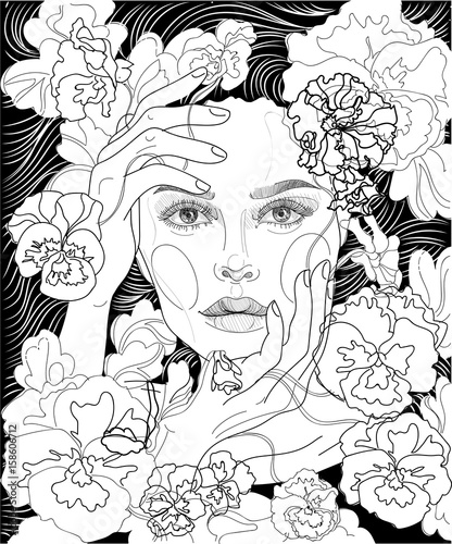  vector beautiful full-face girl portrait face next to hands, on a background of blossoming pansies