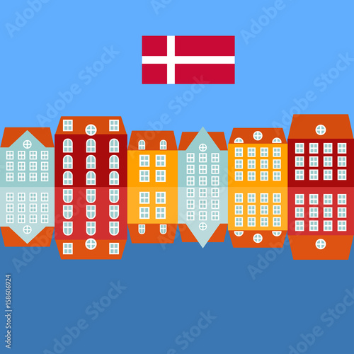 Nyhavn pier with color buildings in the Old Town of Copenhagen, Denmark. Danish City sights and landmark in flat style