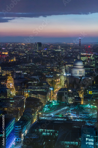 St. Paul s and the Bank of England seen from above at nightfall