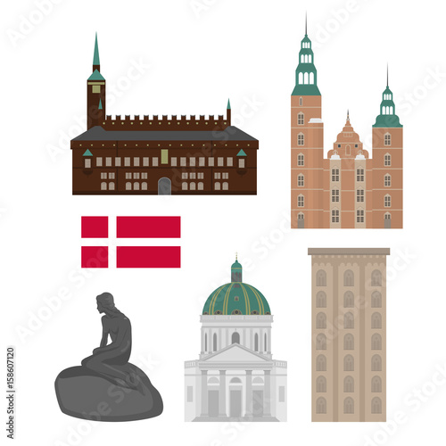 Denmark set of landmark icons in flat style. Copenhagen City sights. Danish architecture design elements.