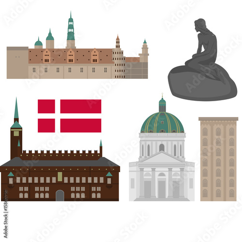 Denmark set of landmark icons in flat style. Copenhagen City sights. Danish architecture design elements.