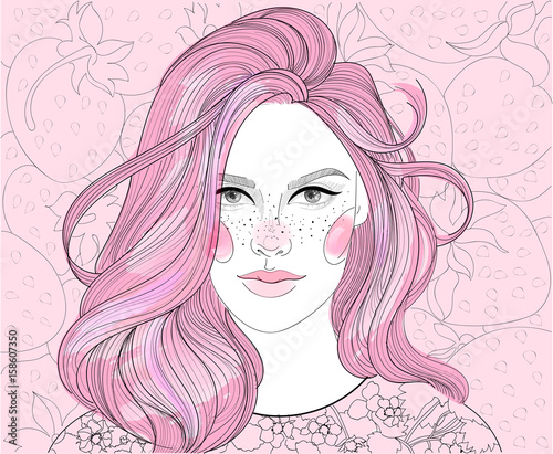 Vector girl on strawberry background, strawberry blonde, pink hair