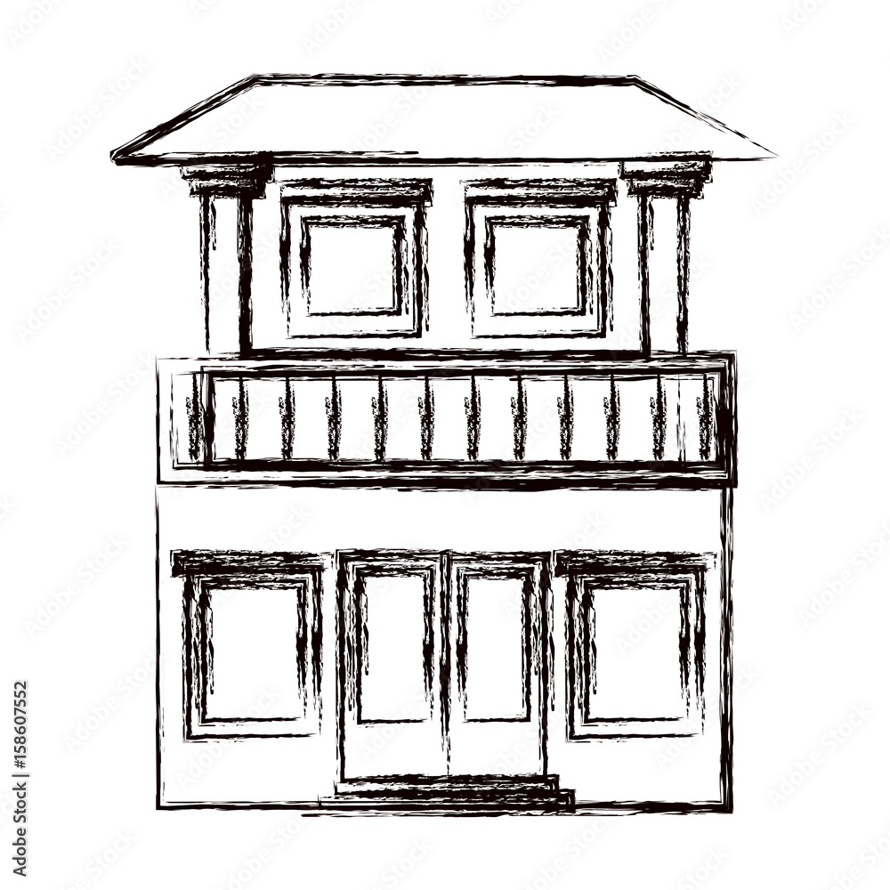 Fototapeta premium monochrome blurred silhouette of house with two floors and balcony vector illustration