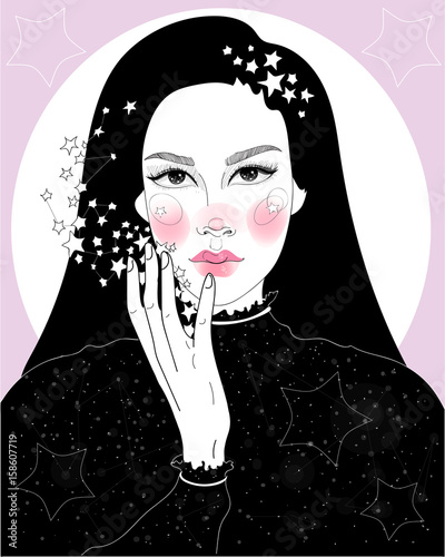  Vector girl witch princess starry night