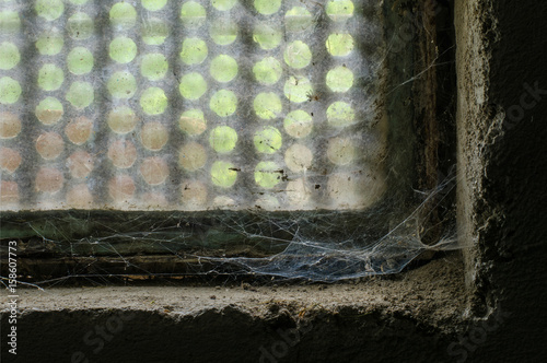 slowly, in the forgotten corner of an old window a spider's web develops in it's intricate form and beauty