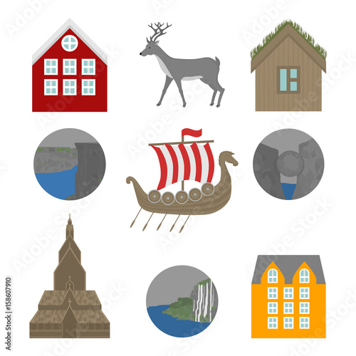 City sights. Norway landmark. Flat travel elements. Alesund, Bergen and Oslo. Pulpit Rock, Seven sisters waterfalls and stone Kjeragbolten. Viking ship Drakkar. Heddal Stave church.