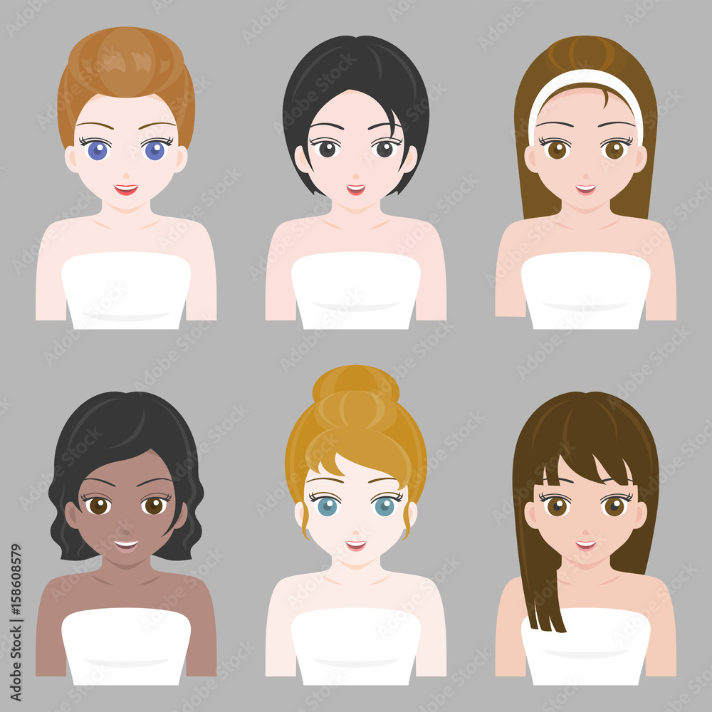 pretty girl in various nationality and hair design, flat design vector pretty girl in various nationality and hair design, flat design vector