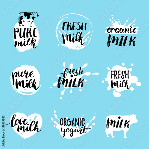 Vector hand drawn milk labels. Signs set for dairy produce. Tags collection for products packaging, advertising etc.