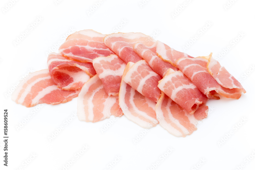 Bacon isolated on white background. Delikatese food. Bacon isolated on white background. Delikatese food.