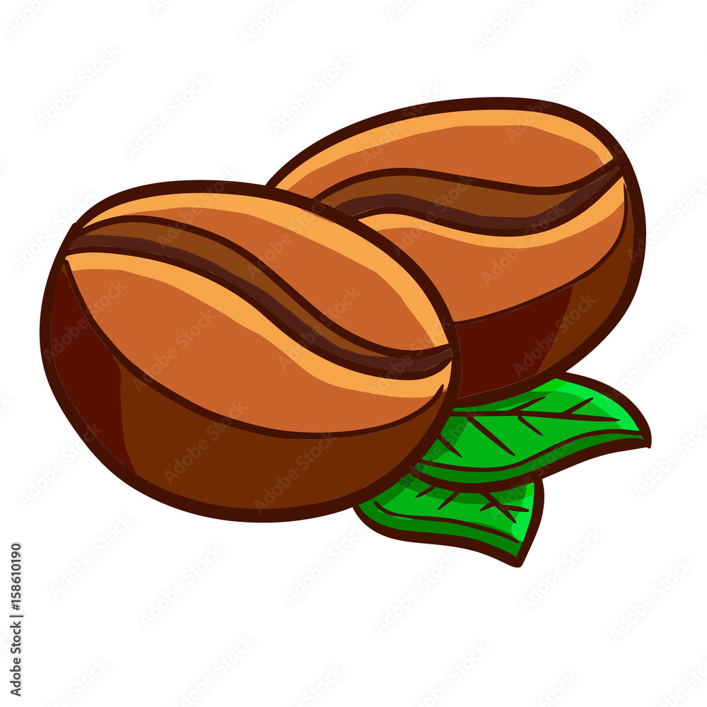 Cute and funny coffee beans with green leaf - vector.