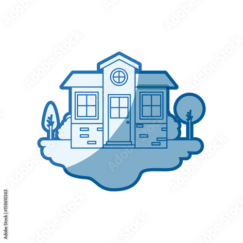 blue shading silhouette scene of outdoor landscape and small house facade vector illustration