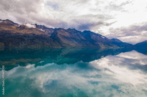 Mountain   reflection lake from view point on the way to Glenorchy  New Zealand