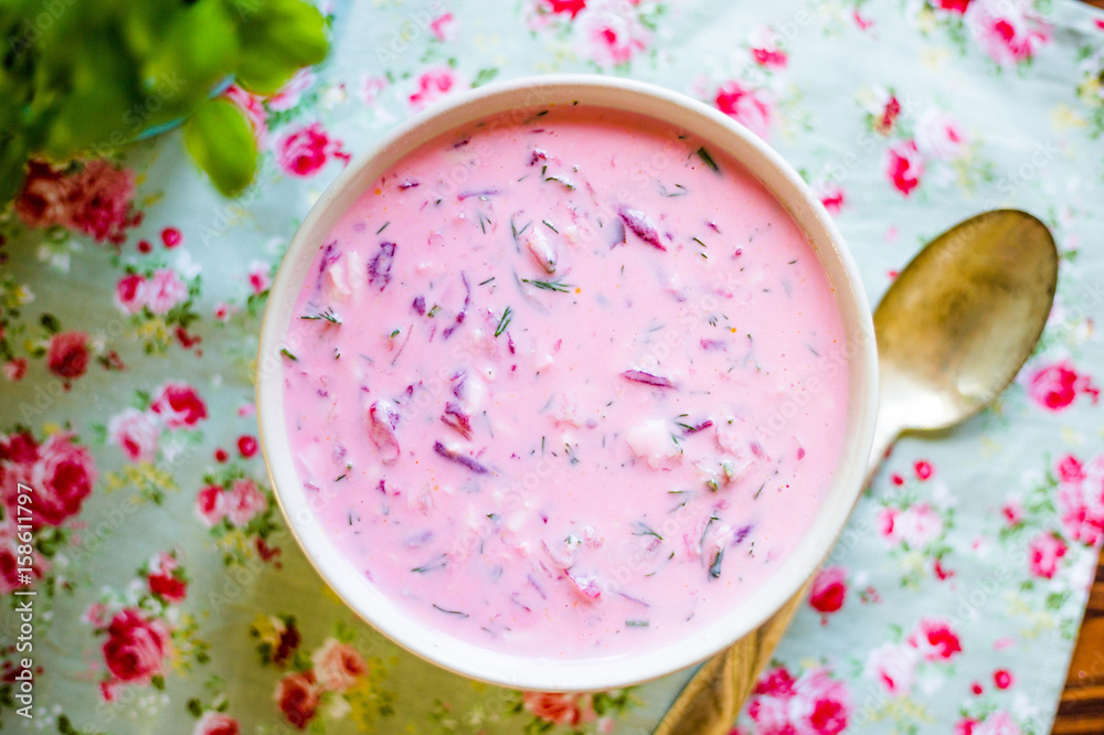 Cold Beet Soup with Egg, Horizontal Top View Cold Beet Soup with Egg, Horizontal Top View