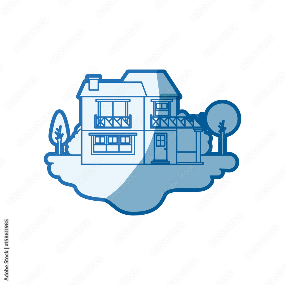 blue shading silhouette scene of outdoor landscape and country house of two floors and balcony vector illustration
