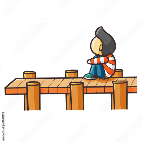 Funny lonely guy get in muse on the wooden dock - vector