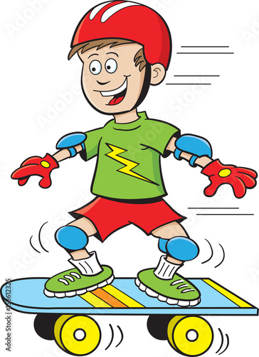 Cartoon illustration of a boy riding a skateboard.