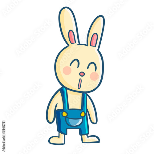 Funny and cute standing rabbit with blue apparel - vector.