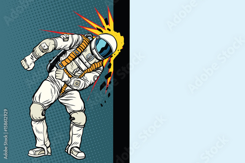 Cosmonaut knocks head on the wall. Dream of mankind