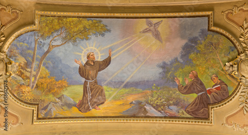 TURIN, ITALY - MARCH 13, 2017: The fresco of Stigimatization of St. Francis of Asissi in ceiling of Church Chiesa di Santo Tomaso by C. Secchi (1963).