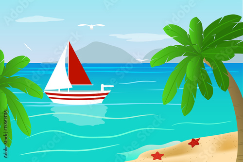Beach  boat  ocean. Cartoon. Vector illustration.