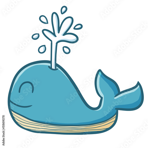 Cute and funny blue whale smiling and put out water - vector