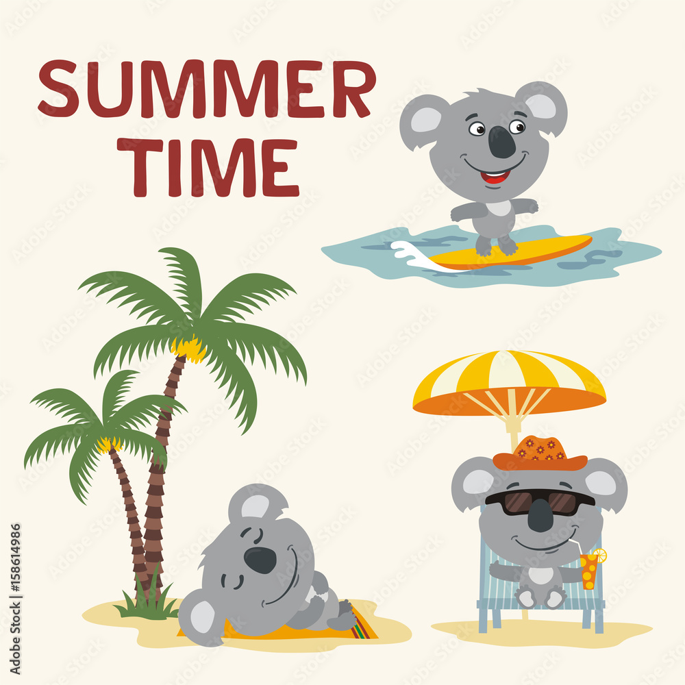 Summer time. Set happy koala bear resting on beach. Collection cartoon  koala bear surfing, laying under palm tree, resting in sun lounger with  cocktail. Stock Vector | Adobe Stock