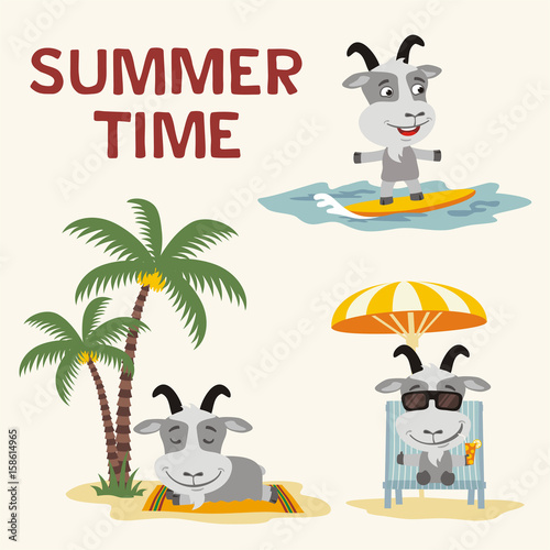 Summer time. Set happy goat resting on beach. Collection cartoon goat surfing, laying under palm tree, resting in sun lounger with cocktail.