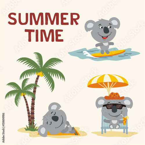 Summer time. Set happy koala bear resting on beach. Collection cartoon koala bear surfing, laying under palm tree, resting in sun lounger with cocktail.