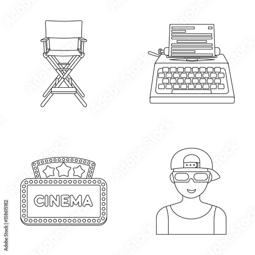 Chair of the director, typewriter, cinematographic signboard, film-man. Films and cinema set collection icons in outline style vector symbol stock illustration web.