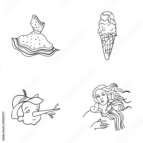 Italian dress, gelato, pinocchio, goddess of love. Italy set collection icons in outline style vector symbol stock illustration web.