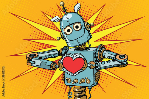 Robot lover with a red heart, symbol of love