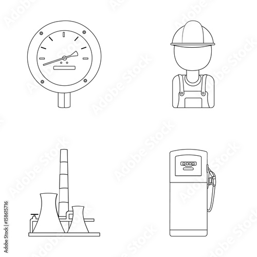 Manometer, worker oilman, fuel refueling, oil factory. Oil industry set collection icons in outline style vector symbol stock illustration web.